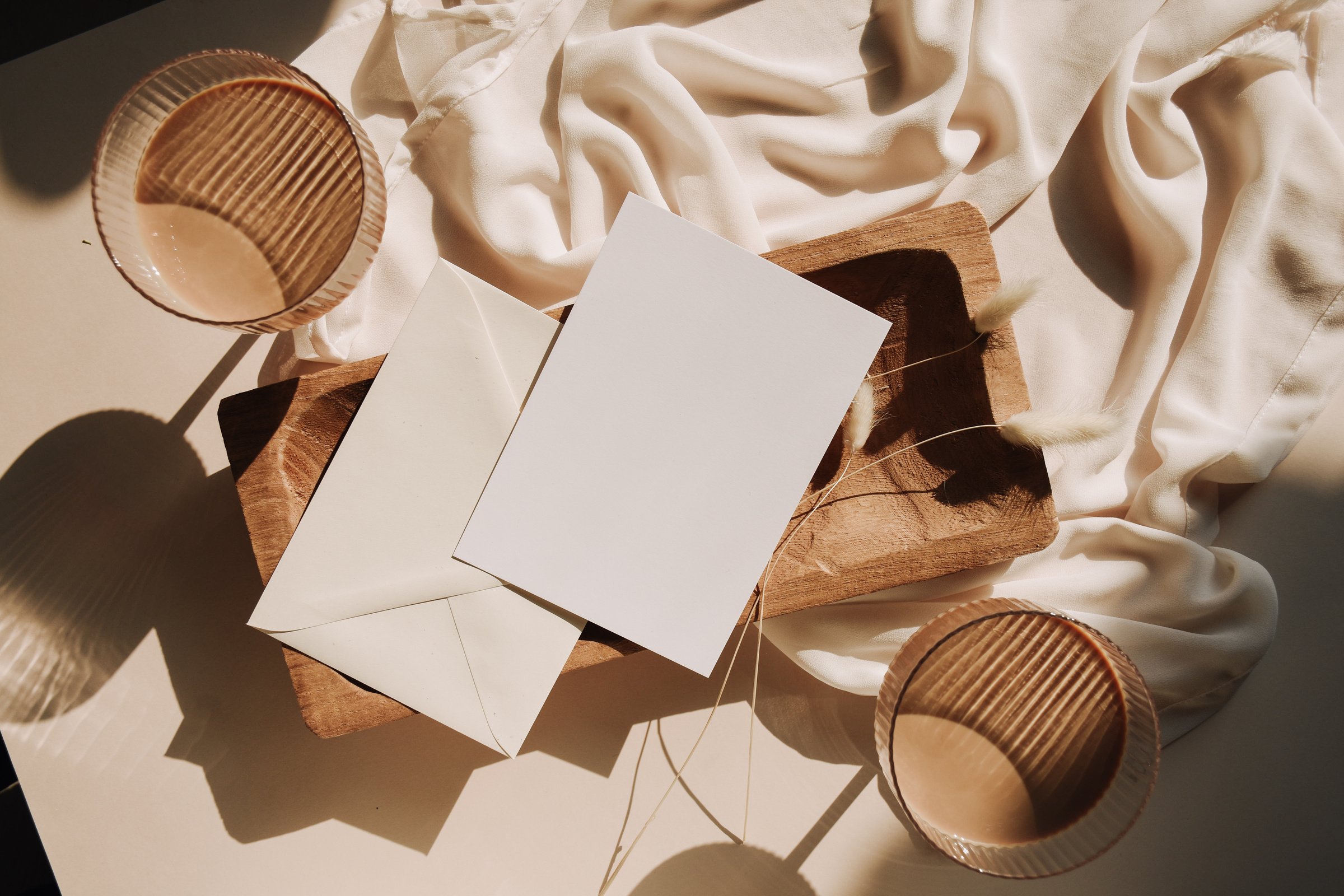 Blank Card and Envelope on Wooden Bowl